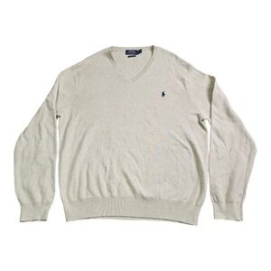 Polo Ralph Lauren XL V-Neck Sweater 100% Pima Cotton Beige Tan Logo Knit Pony